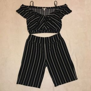 Two Piece Off the Shoulder Striped Jumpsuit